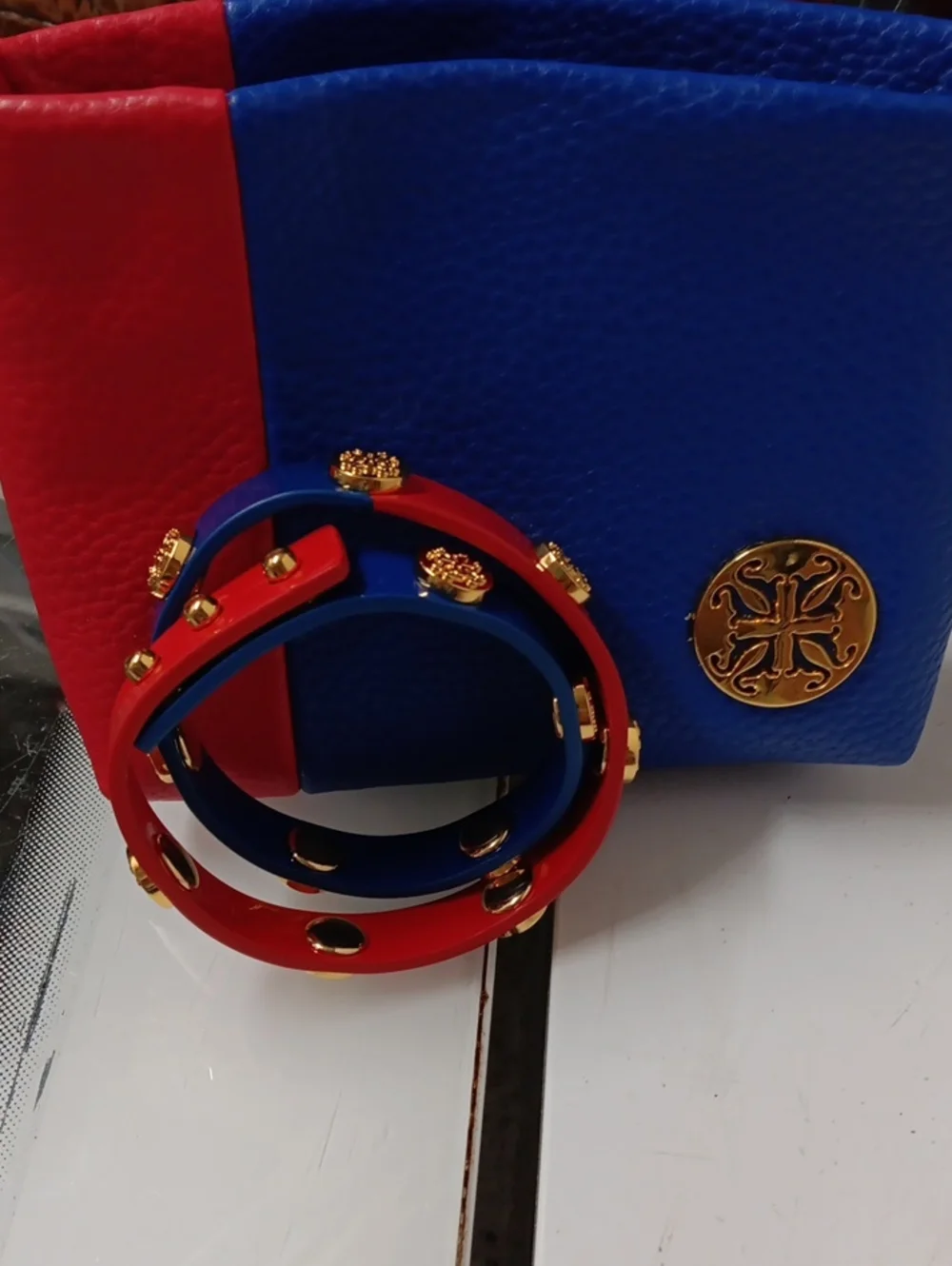 Rustic Cuff Red and Blue Leather Wrap Bracelet with Gold Studs And Bag